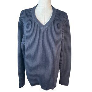 ZARA Womens M Ribbed Knit V-Neck Sweater Cotton/Polyester Navy Blue Long Sleeve